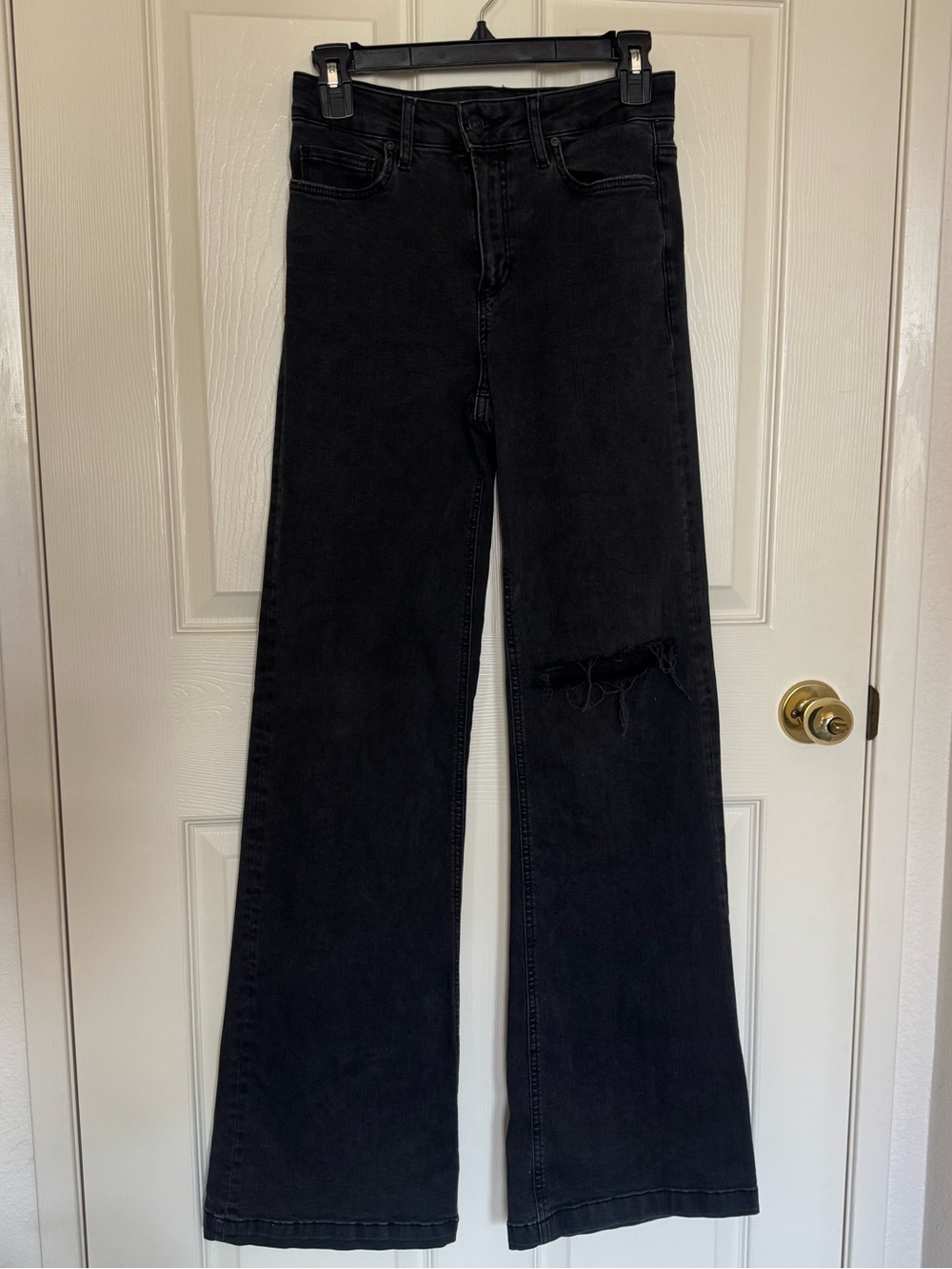 PAIGE Black Wide-Leg High-Rise Jeans with Knee Rip